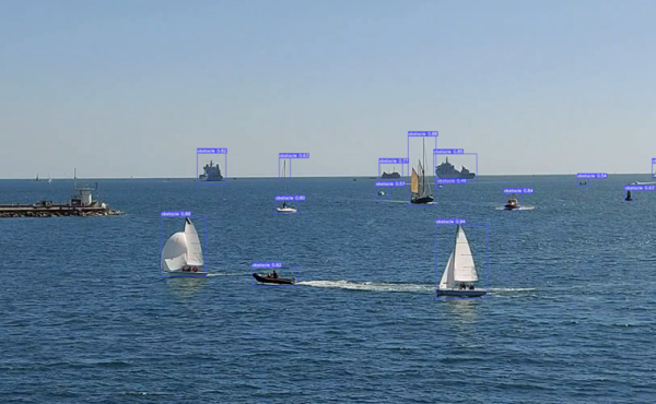 GuardianAI Vision screen showing AI-powered detection and classification of vessels in a busy maritime environment