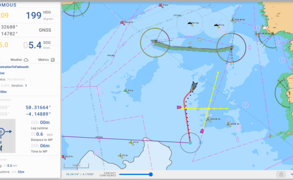GuardianAI mission planning interface displaying an autonomous surface vessel route, live navigation tracks and waypoint planning on a digital nautical chart.