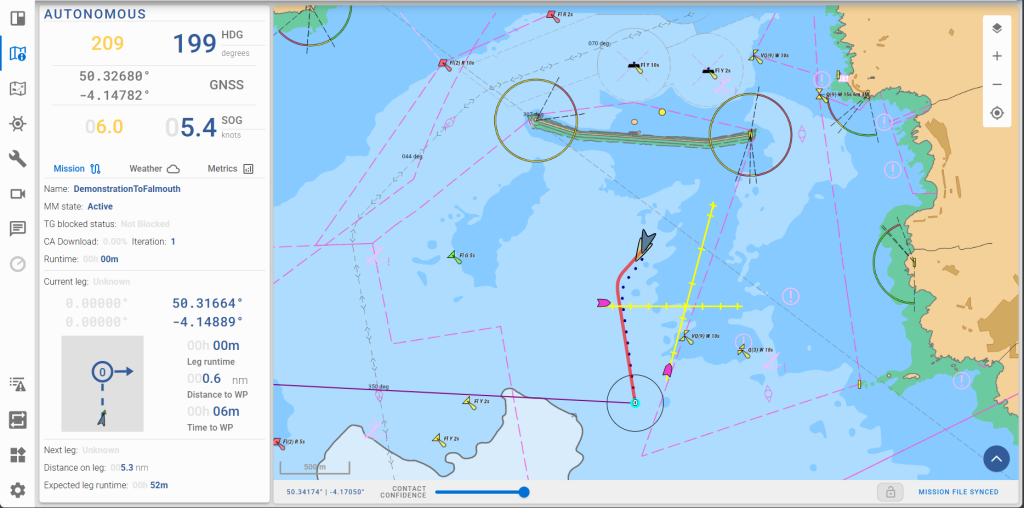 GuardianAI mission planning interface displaying an autonomous surface vessel route, live navigation tracks and waypoint planning on a digital nautical chart.