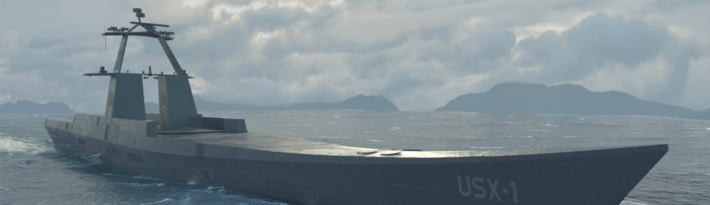 US Navy USX-1 Defiant autonomous surface vessel underway at sea, demonstrating uncrewed naval technology for maritime defence operations.